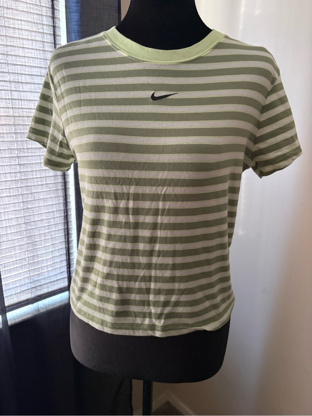 Nike Women’s Light Green and White Striped Crewneck Tee